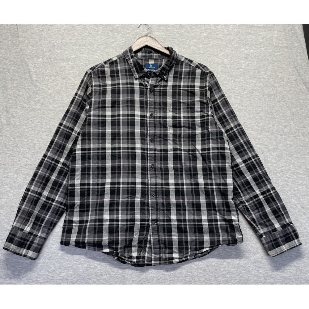 George Casual Shirt Mens Large Gray Black Plaid Cotton Classic Fit Button Down